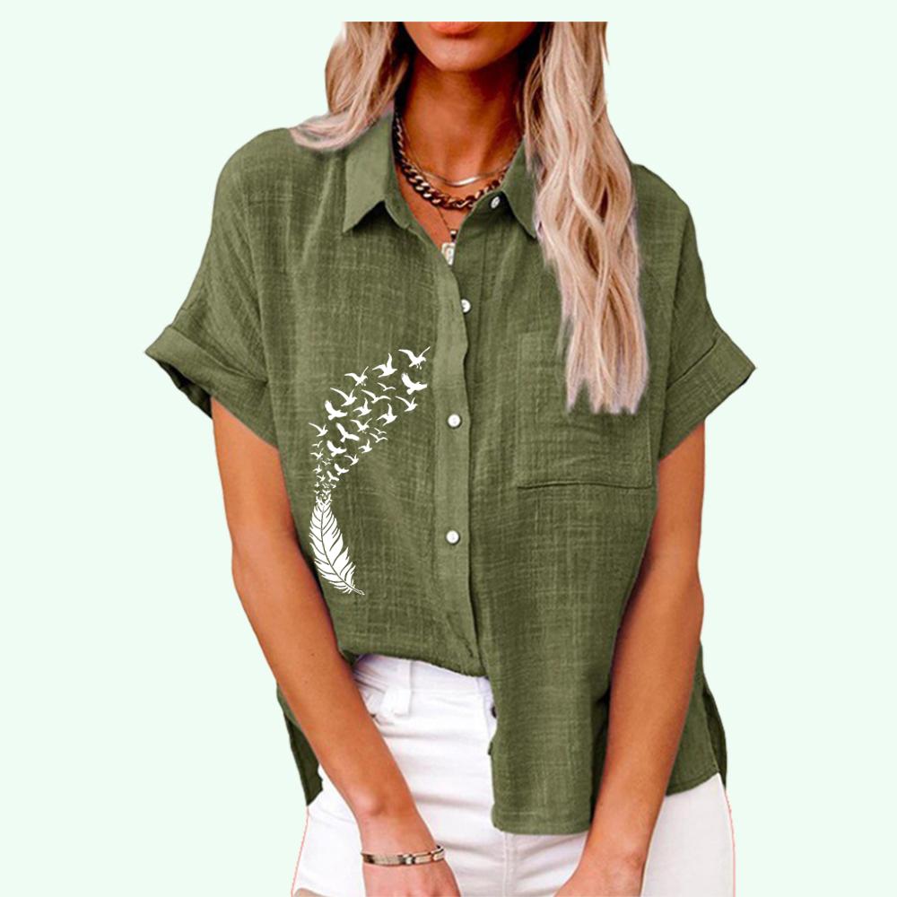 Women Fashion Print T-shirt Summer&autumn Casual Lapel Collar Top Ladies Buttoned-down Tee Shrit Loose Short Sleeve Blouses