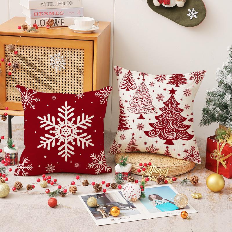 Red Christmas Print Pillow Cover Nordic Style Linen Print Holiday Decoration Living Room Sofa Cushion Cover Pillow