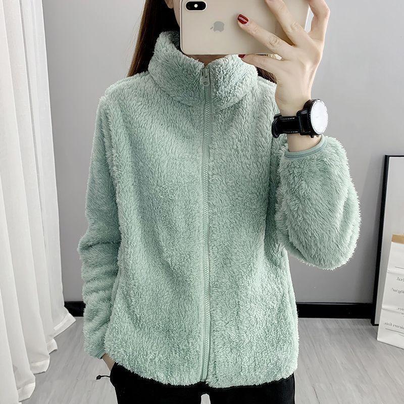 Women's Double-Sided Fleece Jacket - Warm Stand Collar, Long Pile Zipper, Short Cardigan Style Sweatshirt.