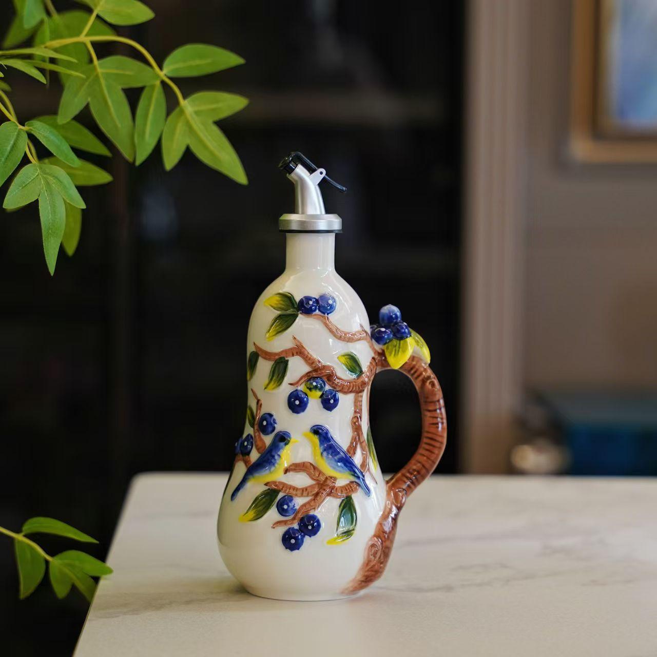 

Relief Cherry Seasoning Pot,underglaze Ceramic Household Kitchen Storage Utensils,vinegar Pot,oil Bottle Material Wine Pot