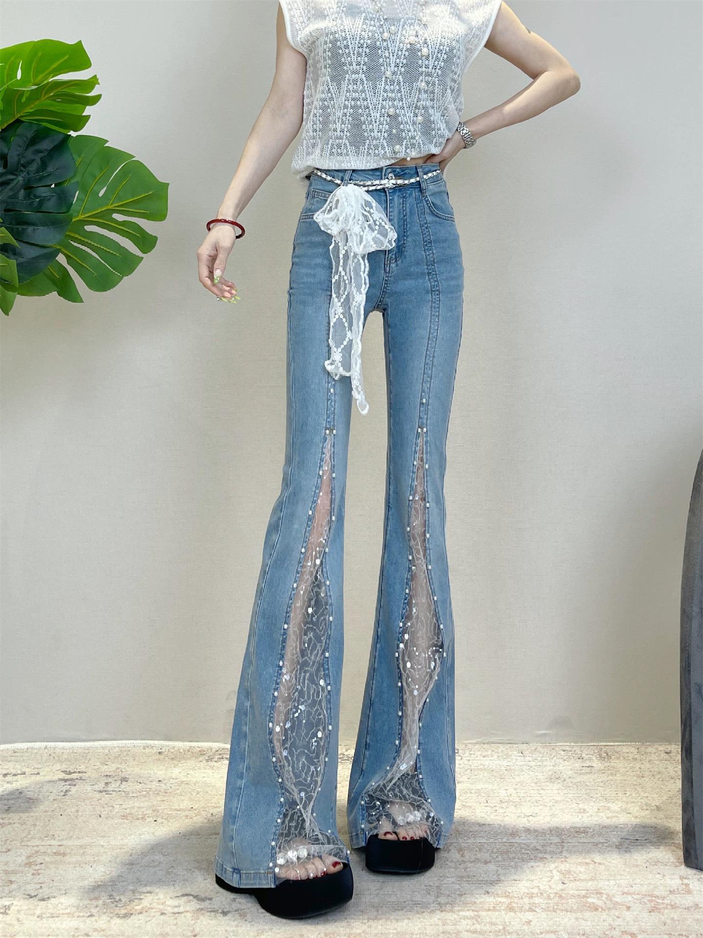 Women s Rhinestone High-Waisted Blue Lace Flare Jeans L