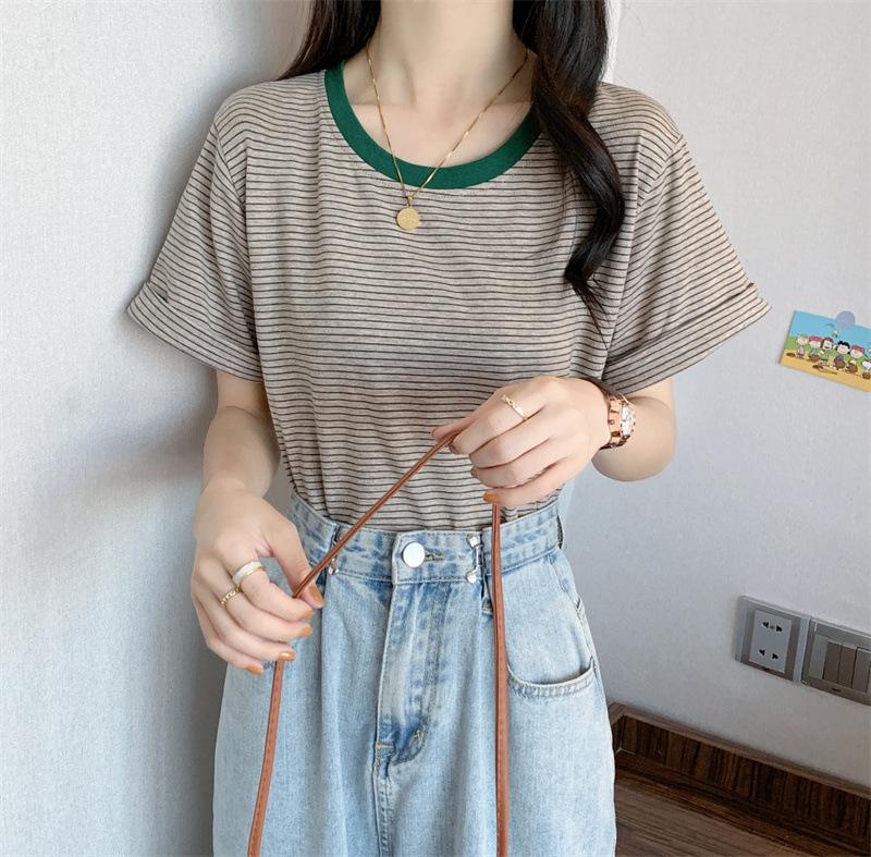 

Striped T-shirt short-sleeved women s summer clothing new round neck loose ins careful machine foreign style simple student top XXL зелений