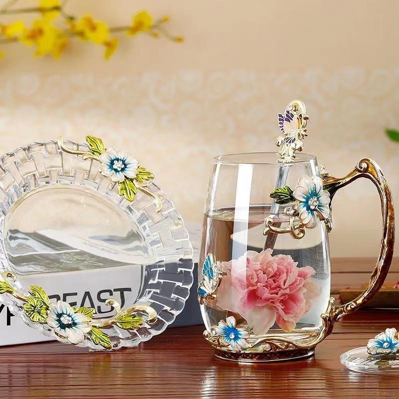 Petite tasse à thé en émail marguerite, petit verre peint à fleurs fraîches, ensemble de tasses à thé cadeau transparentes pour la maison