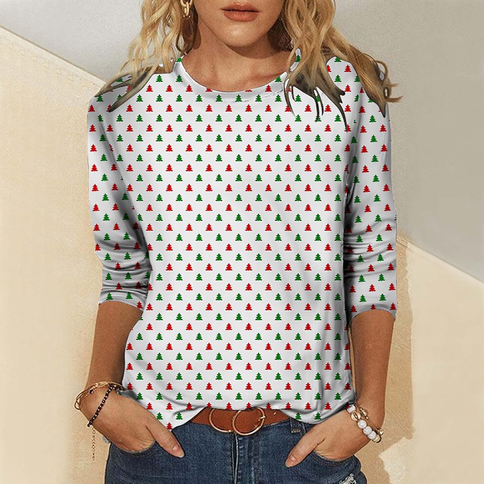 

Женская мода Рождественский принт Повседневная футболка с длинным рукавом и круглым вырезом Топ S белый