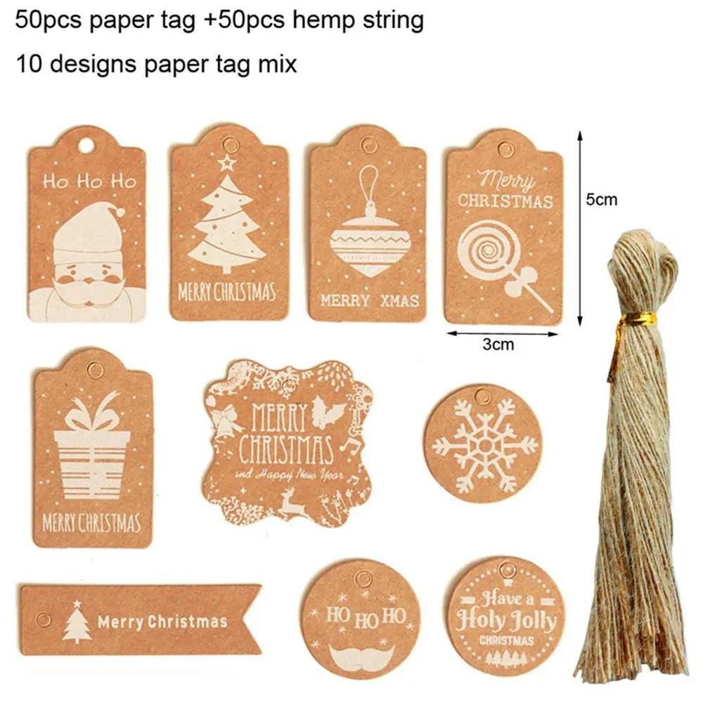 50PCS Merry Christmas DIY Kraft Tags Labels Gift Wrapping Paper Hang Tags Santa Claus Paper Cards Xmas Party Supplies