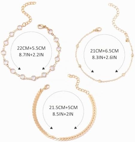 Ushiny Boho Anklet for Women 3 Pcs Rhinestone Foot Chain Summer Beach Jewelry