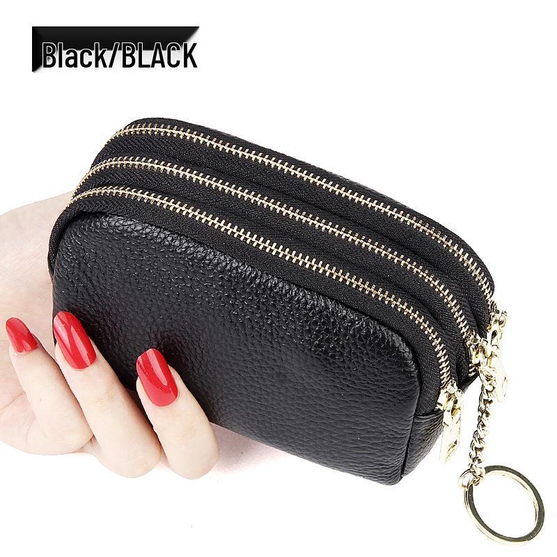 Europäische & Amerikanische Echtes Leder Mini Clutch: Einfache Mode Drei-Reißverschluss Münz- & Schlüsseltasche