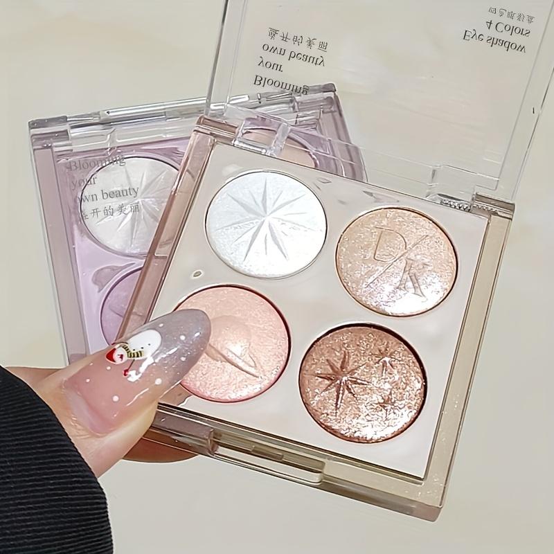 4-Color Highlighter Eyeshadow Palette Starry Night | Shimmering Pearlescent Glitter Finish In Brown, Golden, Purple & Nude Tones,Waterproof