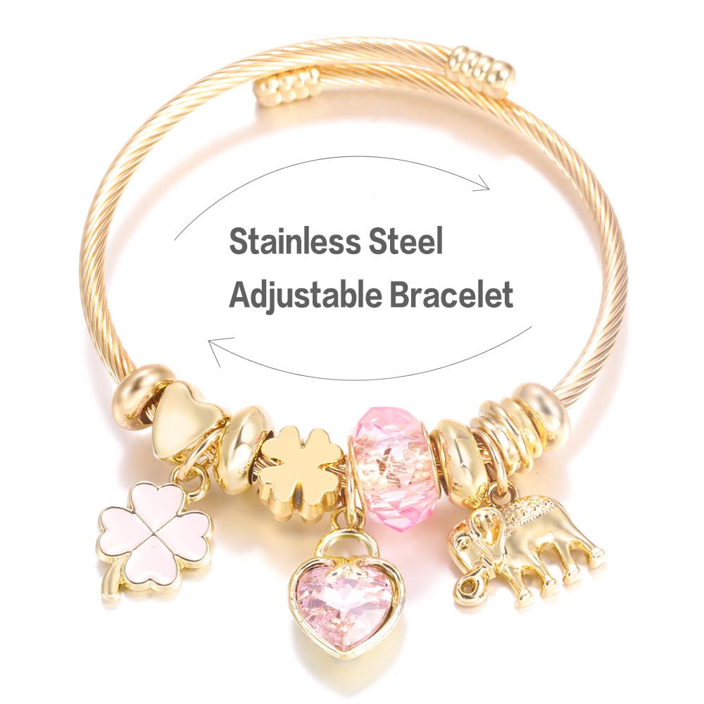 New Trendy 4 Colors Heart Shape Painted Pendant Closure Beaded Bracelet Golden Stainless Steel Women Bracelet Charm Jewelry
