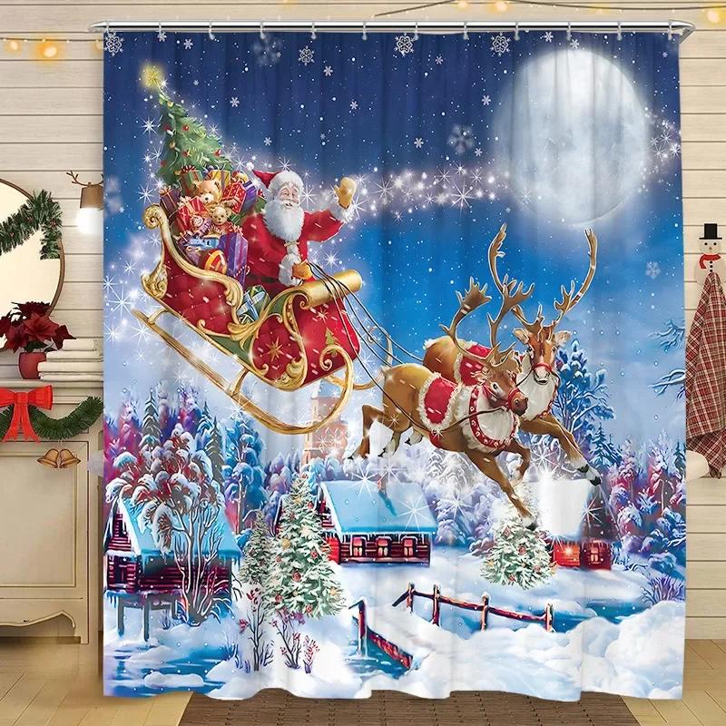Christmas Shower Curtain Snowman Santa Claus Winter Snow Scene Christmas Gift Polyester Fabric Shower Curtains Bathroom Decor