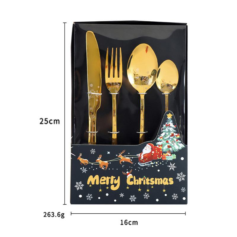 4pcs Stainless Steel Knife and Fork Spoon Set Christmas Elements Laser Handle for Home Picnic DIY Restaurant Gift