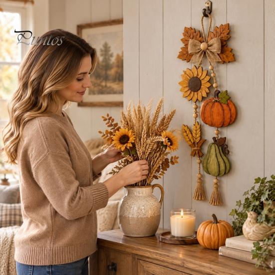Seasonal Harvest Party Supplies Wooden Autumn Door Sign, Hanging Pendant with Tassel and Beads, Rustic Farmhouse Country Style Fall Ornaments
