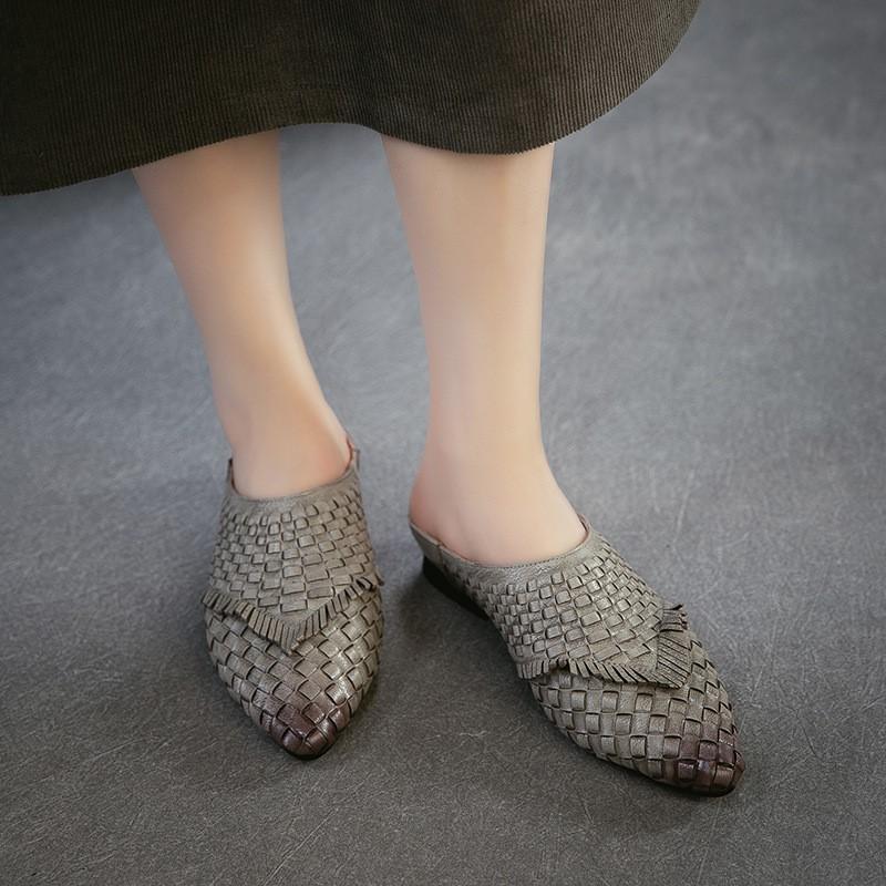 Johnature Low Heel Outdoor Slippers Fashion Pointed Toe Woven Genuine Leather Women's Slip-on Shoes
