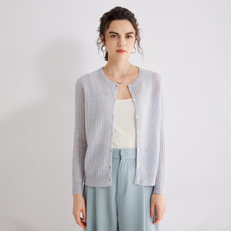 Women's Gold Sand Cashmere Cardigan - Twisted Cable Knit, Round Neck, Striped, Slim Fit, Autumn/Winter Sweater.