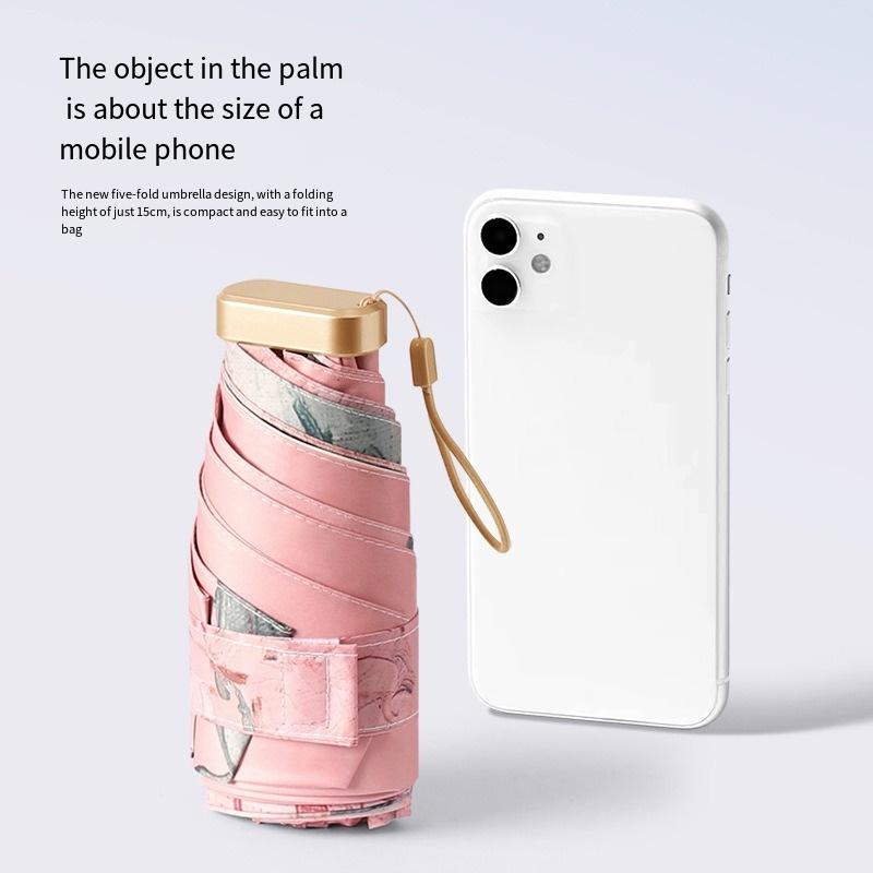 Oil Painting Sunscreen Parasol Outdoor Convinient Five Folding Umbrella With Uv Protection Portable Stylish Women'S Sun Umbrella