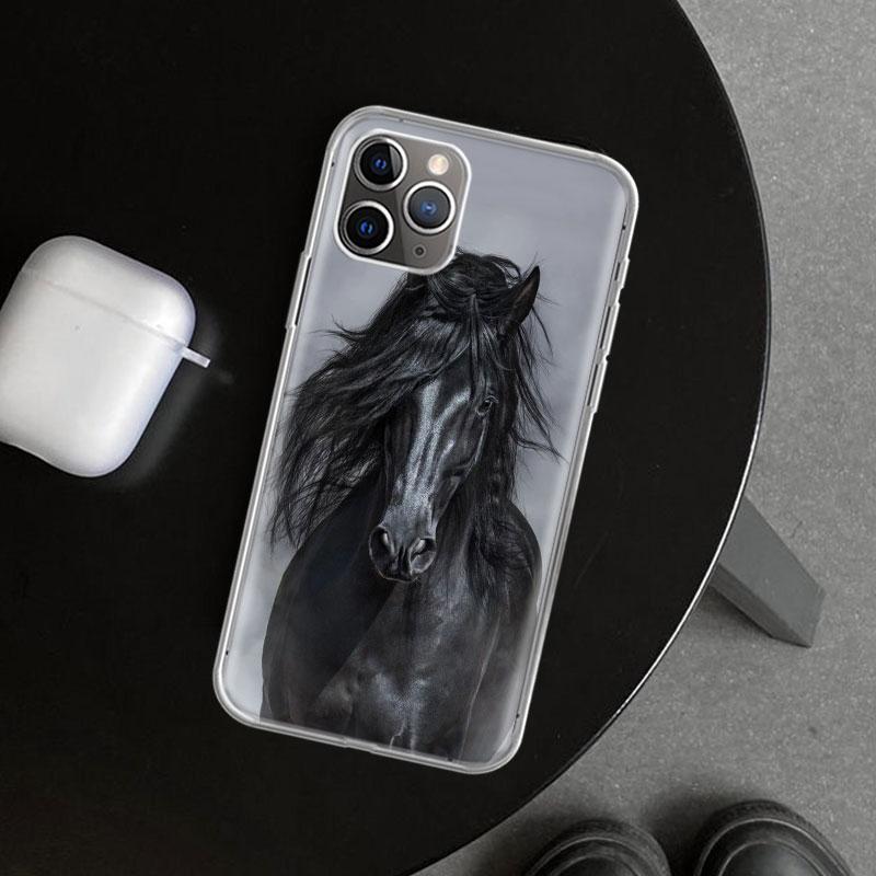 Animal Black Horse Phone Case Cover for iPhone 11 12 13 Mini 14 15 Plus 16 Pro Max 17 Air 7 8 + SE Art Customized Fundas 11 12 1