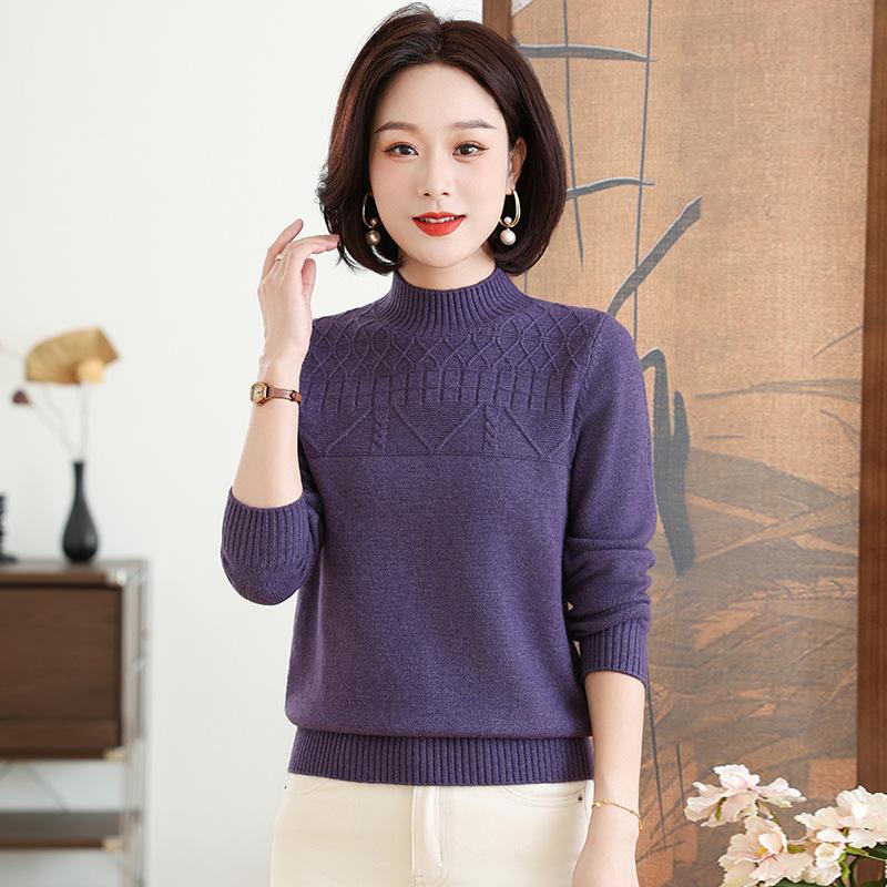 Stylish Winter Fleece Sweater for Middle-Aged & Elderly Women - Half High Neck, Plus Velvet, Warm Base Shirt