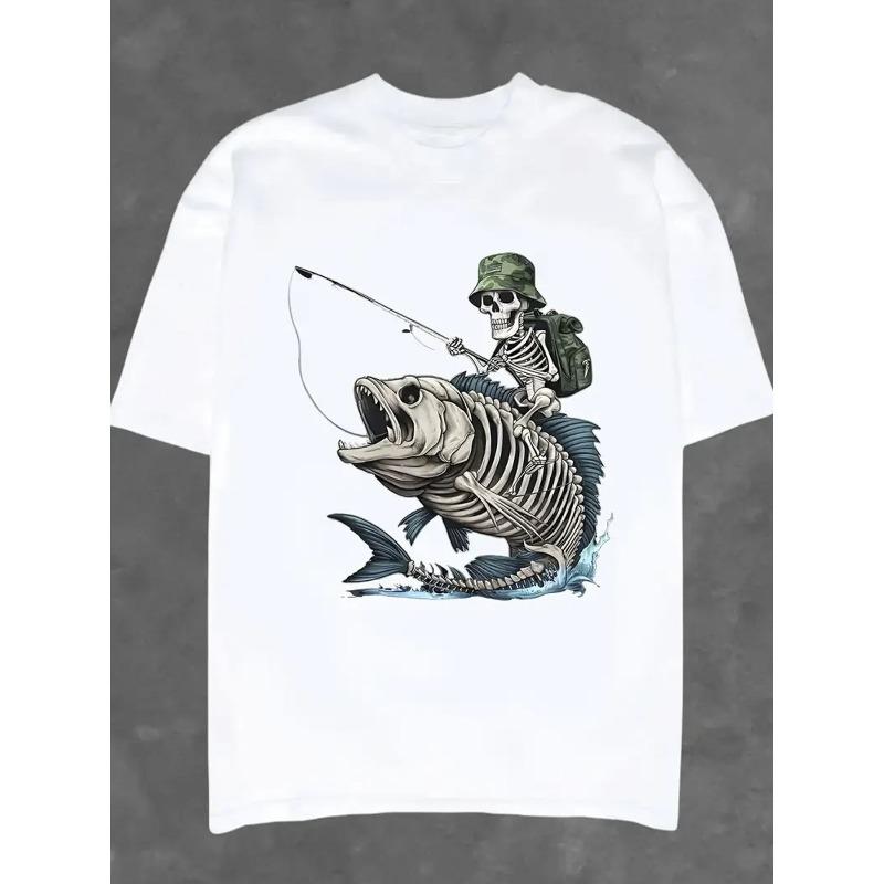 European Size Skull Fishing Pattern Printed T-shirt, Spring and Summer Round Neck Short Sleeved Men's T-shirt,and Breathable Casual Sports Top