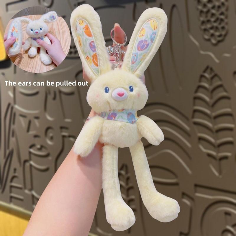 

Cartoon Pull-out Rabbit Pendant, Plush Toy, Floral Ear Rabbit, Pull-out Rabbit Keychain Pendant, Small Accessory Floral print - purple