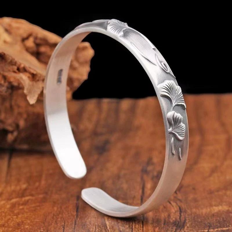 New Chinese style ginkgo biloba leaf silver bracelet women's sterling silver bracelet leaf retro ethnic style relief opening solid silver