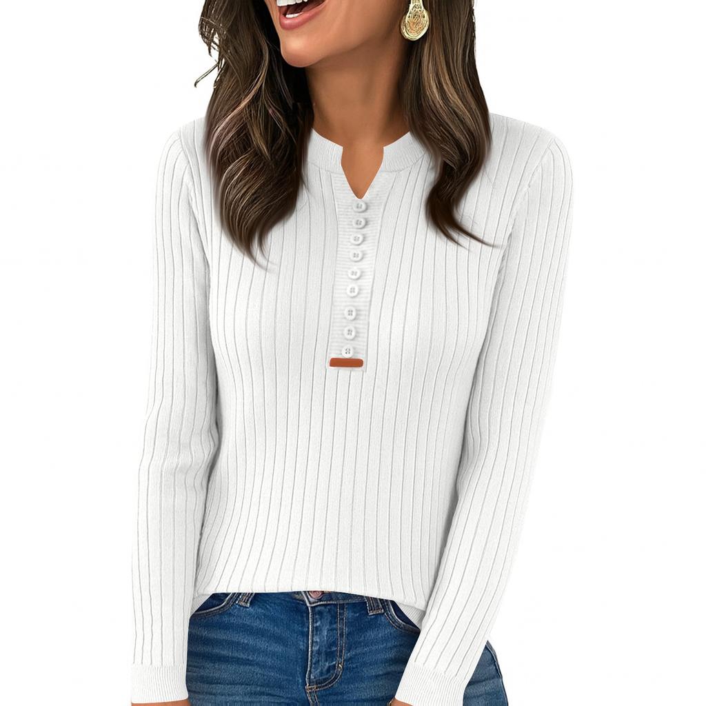 Women's Fashion Solid Color V-neck Long Sleeve Button Loose Bottom Knitted Sweater Top
