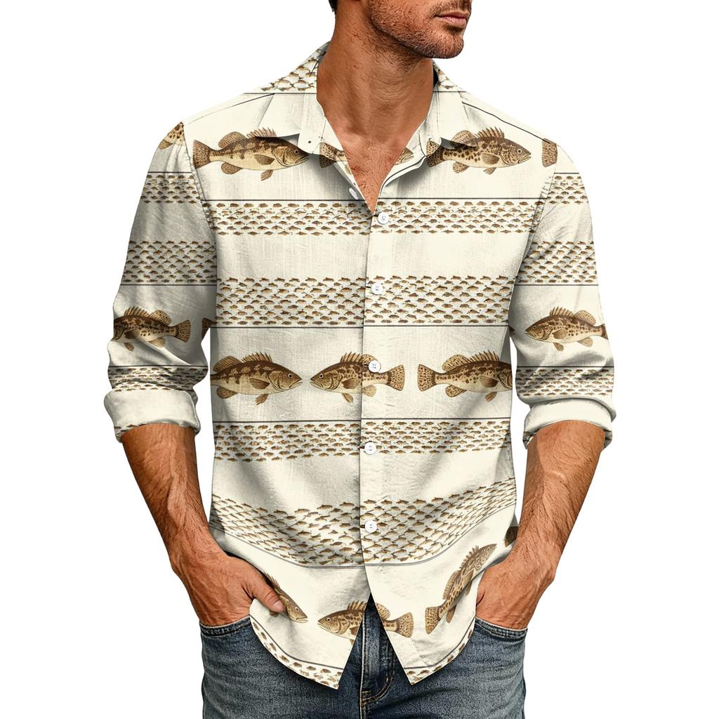 Men's Loose Fit Long Sleeve Shirt Hawaiian Style Retro Casual Button Down Shirt with Spread Collar Suitable for Spring and Autumn Wear