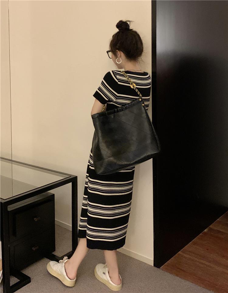 Striped Summer Dresses Women Contrast Color Knitting Korean Robe Femme Vintage Loose Square Neck Dress