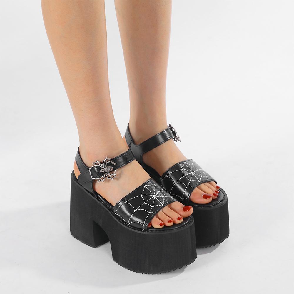 Gdgydh Thick Heel Sandals Punk Style Girls Spider Web Embroidery Cosplay Shoes Spider Buckle Women Summer Shoes Platform Heels