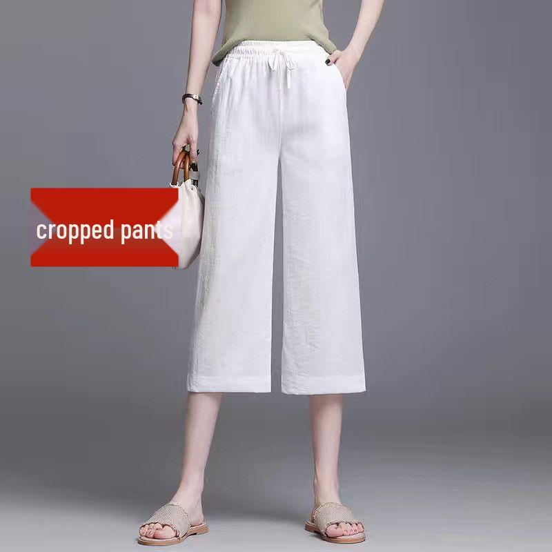 Women's Wide-Leg Ice Silk Linen Pants: Summer Thin, High-Waist, Elastic, Casual Style
