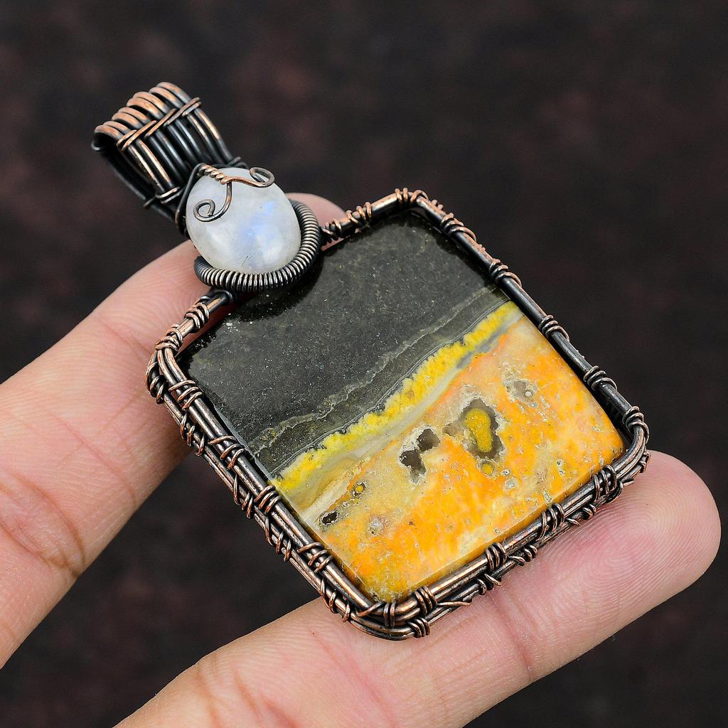 Bumble Bee Jasper Pendant Rainbow Moonstone Pendant Copper Wire Wrapped Pendant Gemstone Jewelry For Gift Handmade Copper Wire Wrap Jewelry
