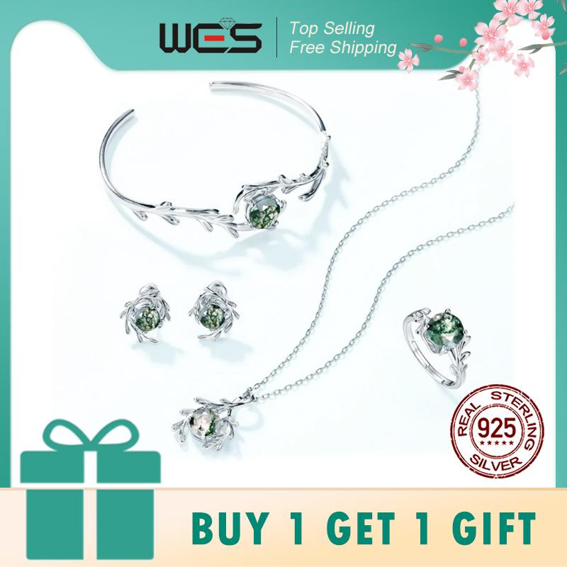 WES CopperNatural Gemstone 8*8mm Moss Agate Jewelry Set for Women Leaf Branch Ring Pendant Wedding Gift