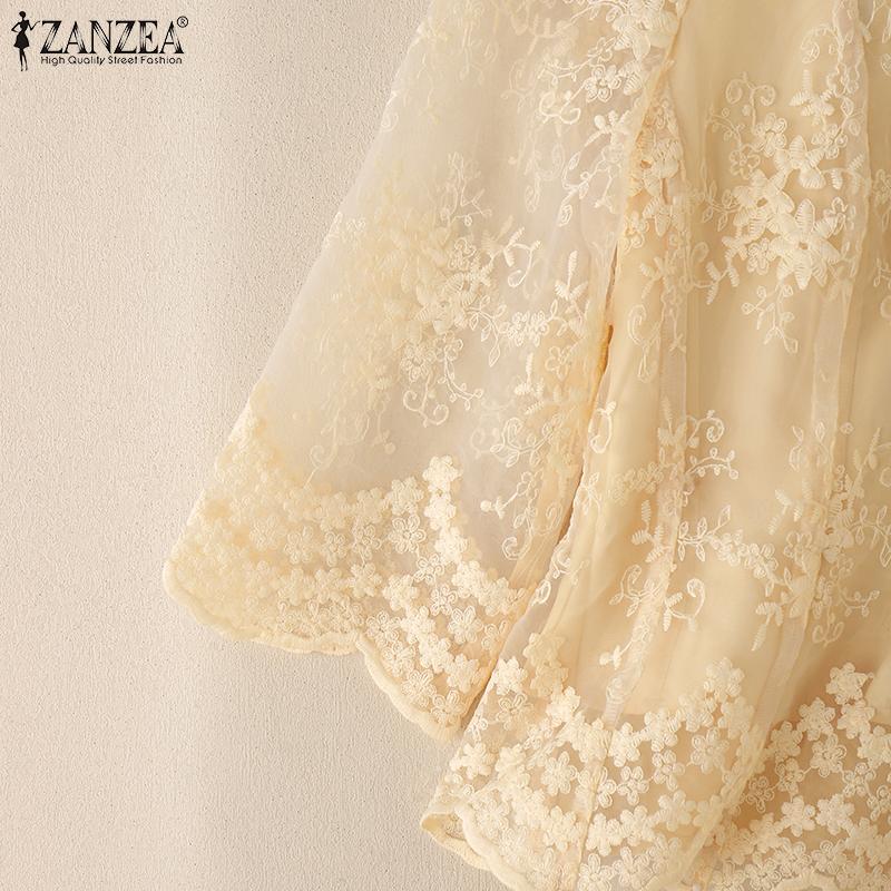 ZANZEA Dámská ležérní halenka s výstřihem do V, 3/4 rukávy, dutým patchworkem a krajkou