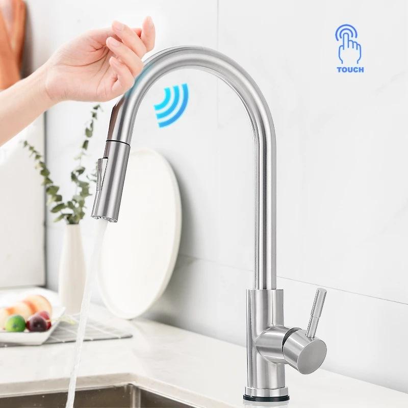 304 Stainless Steel Smart Touch Kitchen Sink Faucet Pull-out Hot And Cold Mixed Water Kitchen Tap Wash Basin Faucet