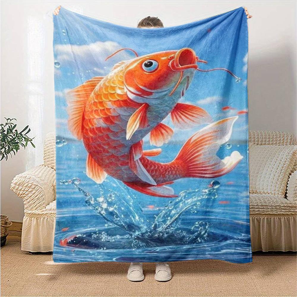 Vibrant Red Koi Fish Water Splash Print Flannel Blanket Aquatic Animal Throw Blanket Soft Cozy Home Sofa Bed Home Decor