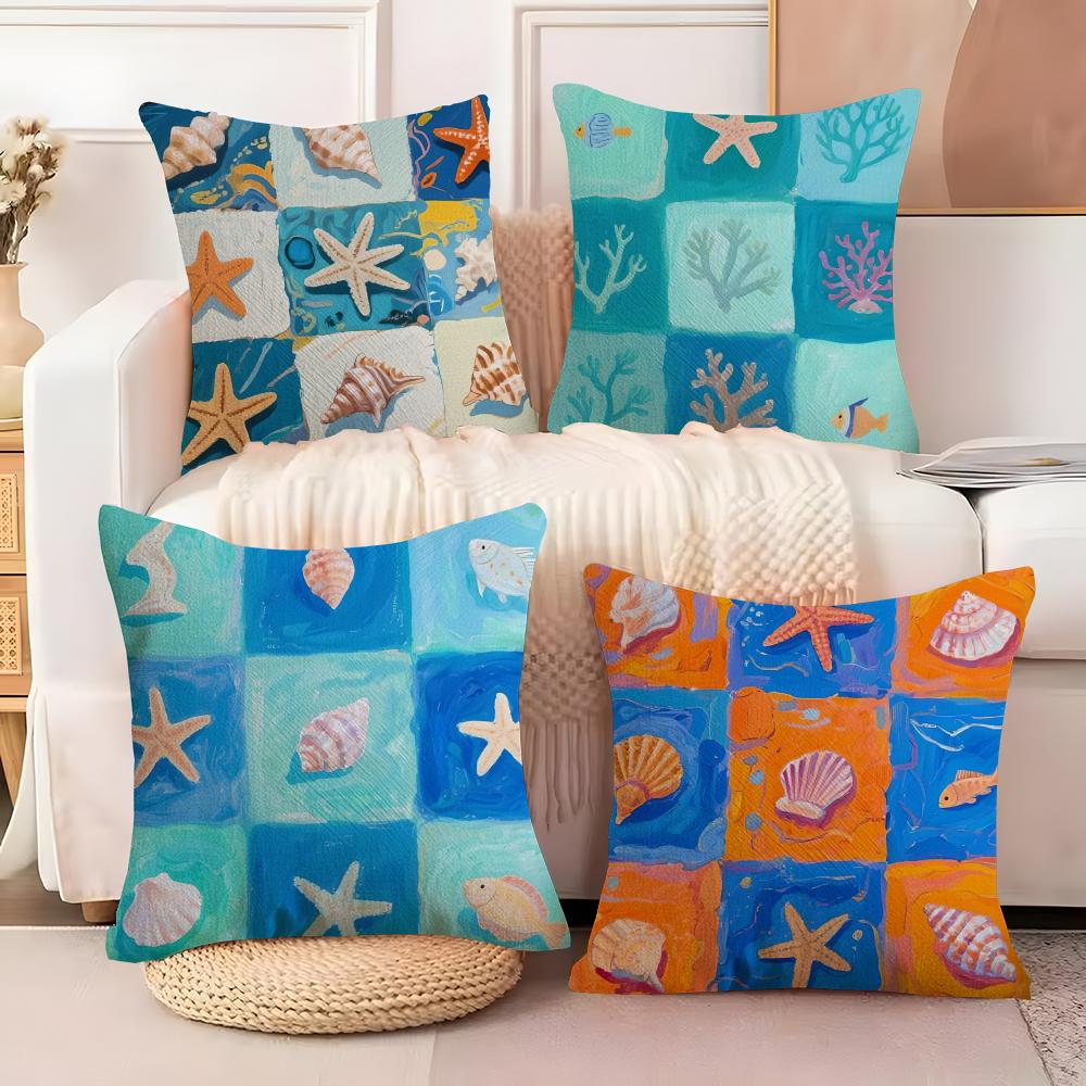 Marine Starfish Marine life Pillow Case Cotton Linen Fabric Square Zipper Pillowcase Home Decorative Living Room