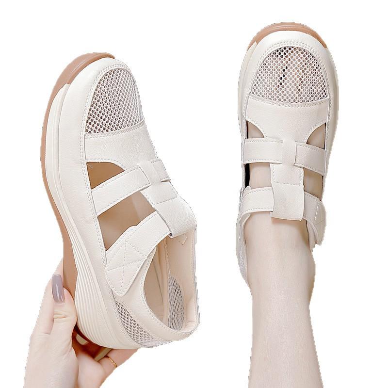 New slope heel sandals women's bag head hollowed out 2025 summer breathable women's thick-soled outer wear Velcro women's hole shoes