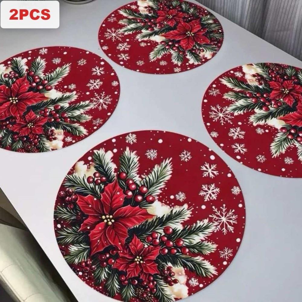 2PCS Anti-Slip Christmas Round Placemat Heat Resistant Christmas Dining Mat  Christmas Decor
