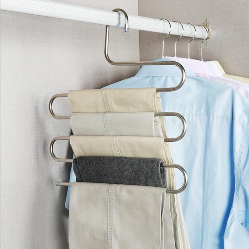 MultiFunctional Stainless Steel Trouser Hanger 5 Layers Pant Storage Cloth Rack S-type Non-slip Drying Rack Bathroom Organizer