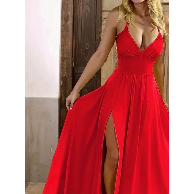 

Женское летнее макси-платье халтер с V-образным вырезом, шнуровкой и разрезом, длинное платье, сексуальные платья с открытой спиной 2XL красный