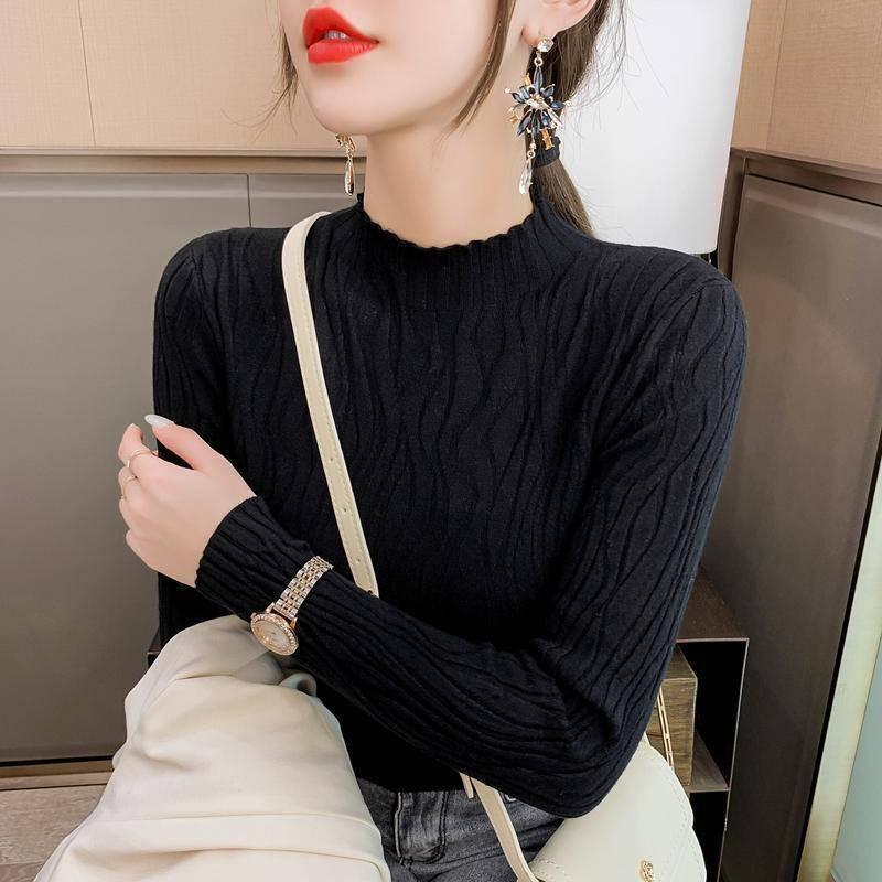 Autumn and winter versatile simple semi-turtleneck sweater with women's solid color slim and thin knitted bottoming shirt splicing design