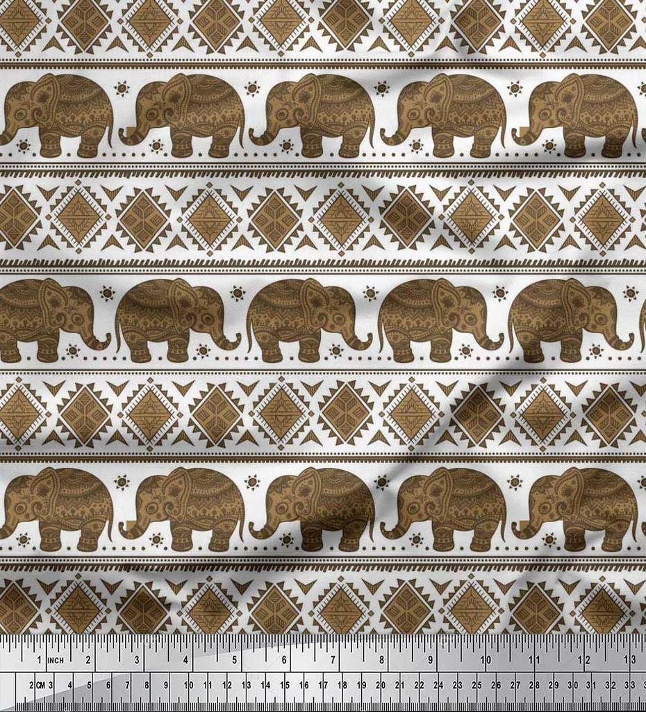 Soimoi Japan Crepe Satin Fabric Aztec & Tribal Elephant Ethnic Print Sewing Fabric Metre 42 Inch