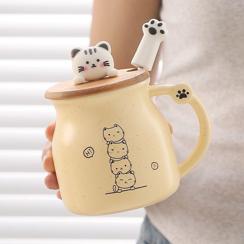 Cute Cartoon Cat Ceramic Mug with Lid and Spoon – Breakfast Coffee Cup