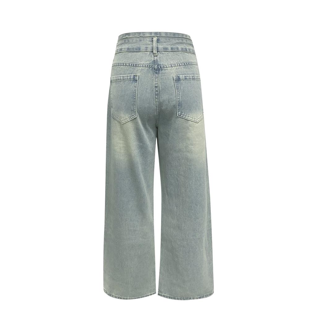 Women's High Waist Distressed Button Design Vintage Jeans Women's Loose Straight Wide Pants