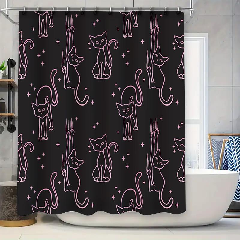 

Black Cat Shower Curtain Set Romantic Pink Cats Pattern Perfect For Bathroom Decor W60H190(CM)-1 Pcs