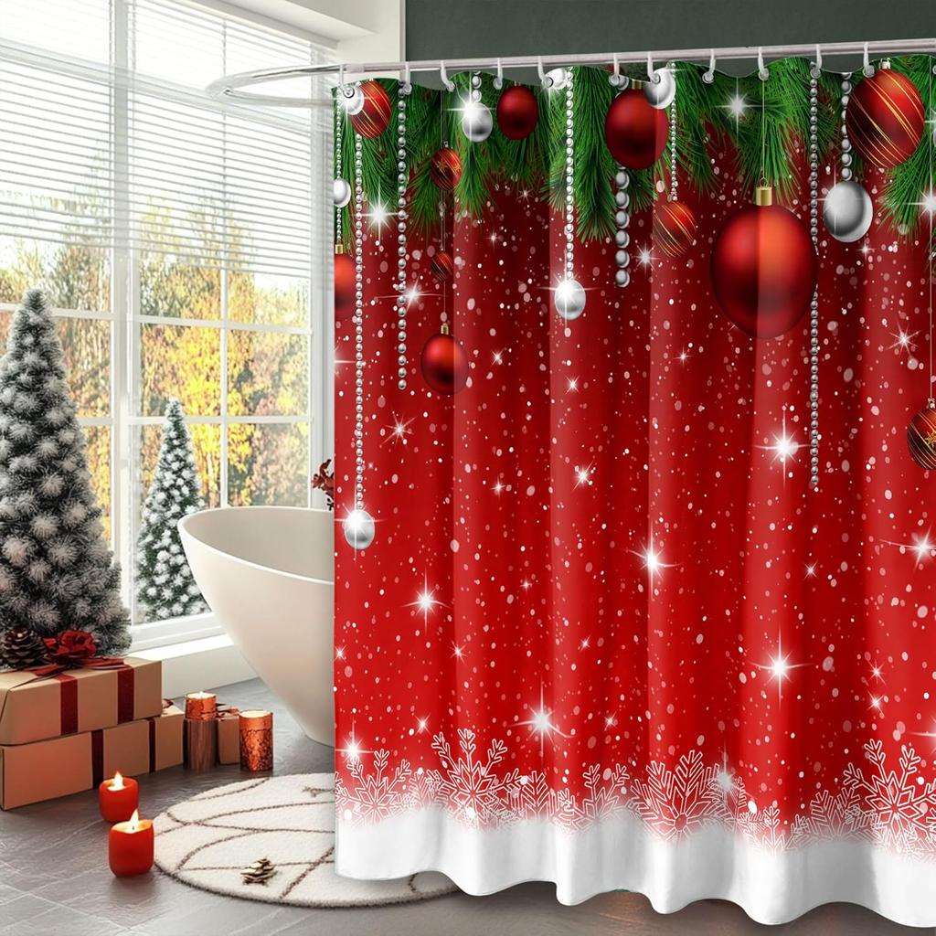 Merry Christmas Shower Curtain with Winter Farmhouse Pattern, Cute Waterproof Bathroom Decor for Xmas Home Celebration