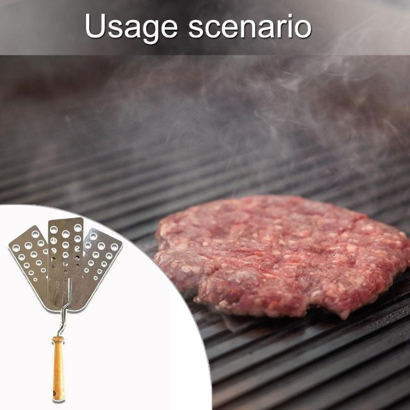 Creative 3 Blade Burger Flipping Spatula With Wooden Handle Steel Construction For Grilling And Kitchen Use