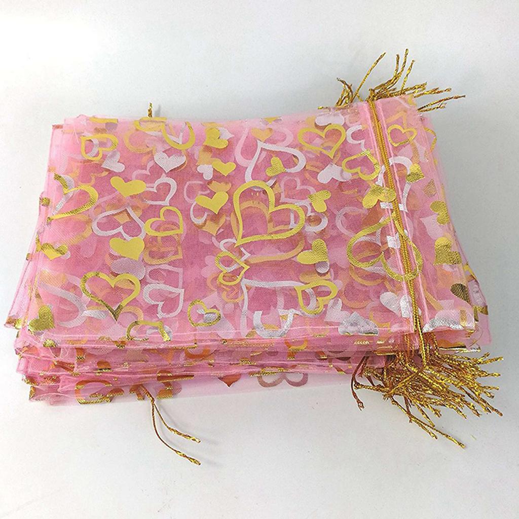 ABBY-300 PCS 9X12cm Heart Printed Pink Organza Bags Jewelry Pouch Bags Drawstring Pouches Wedding Favors Candy Gift Bags