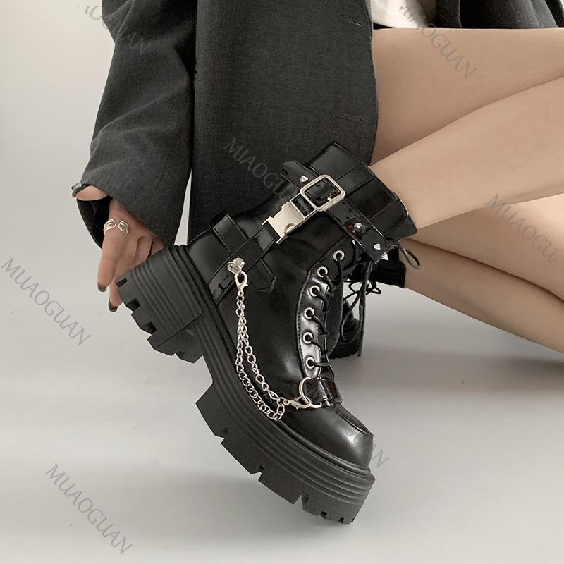 Fashion Thick Bottom Motorcycle Short Boots Autumn Women Shoes Black Punk Style High Heels Sweet Cool Metal Round Toe Female Ankle Boots