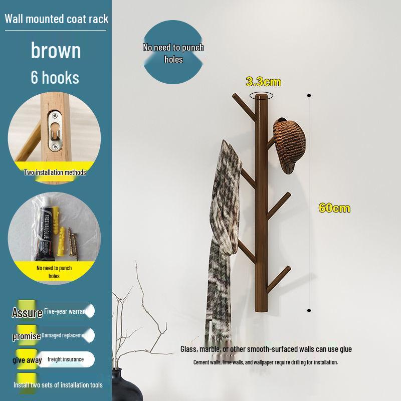 New Solid Wood Punch-Free Wall-Mounted Coat Rack & Clothes Hanger with Creative Behind-the-Door Hooks for Bedroom & Living Room