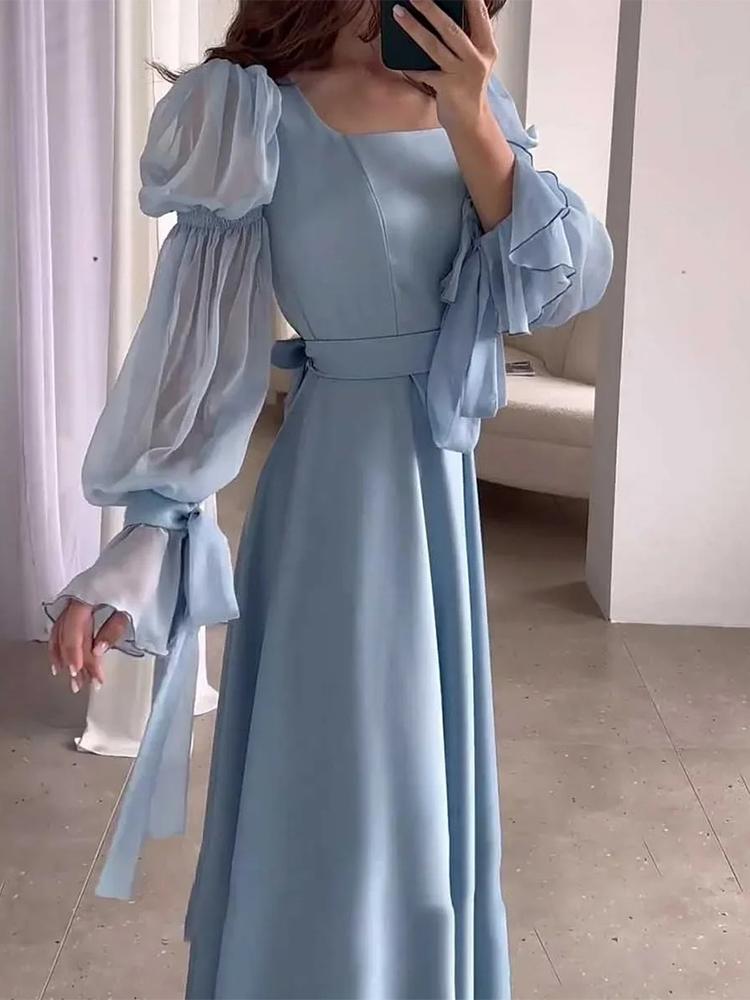 Elegante dame Street Wear Vrouwen Chiffon Satijnen Avondjurk Effen Kleur Vierkante Kraag Riem Flare Mouw Geplooide Vrouwelijke Jurken